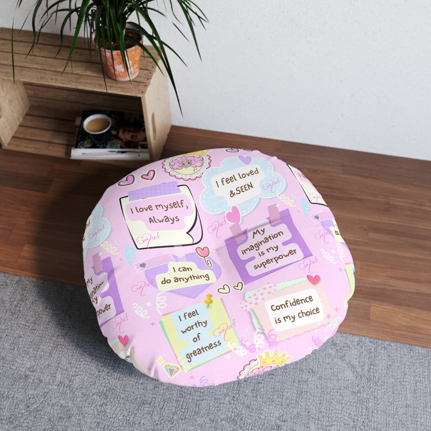 Affirmation Selflove Meditation Tufted Floor Pillow, Round (gift)